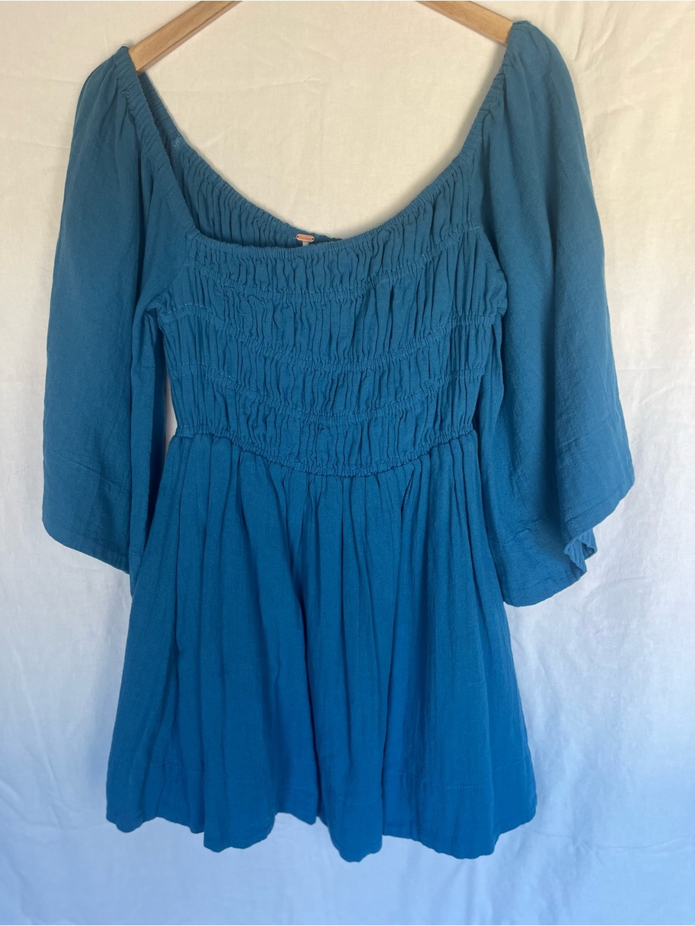Free People Easy To Love Blue Smocked Bell Sleeve Mini Dress Tunic NWOT XS
